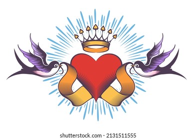 Tattoo of Crown Heart with Ribbon and Swallows isolated on white. Vector illustration.