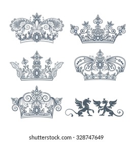 Tattoo. Crown with a vegetative ornament on a white background. Set. Vector illustration.