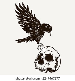 Tattoo crows and skulls vintage black and white illustration. crows and skulls vector image