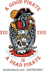 The tattoo depicts a vulture sitting on a pirate's skull and holding a human eye in its beak