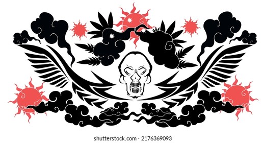 Tattoo Design art , Vector black tattoo art  japans cloud symbol  skull wing 