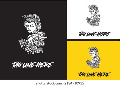 tattoo design of beauty women japan vector black and white