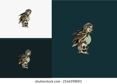 tattoo design of bird and head skull vector