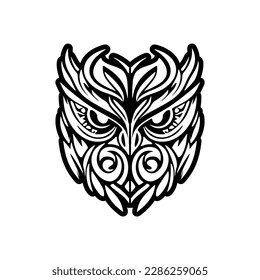 ﻿Owl tattoo design in black  white with Polynesian styles.