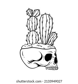 tattoo design cactus skull line art black and white