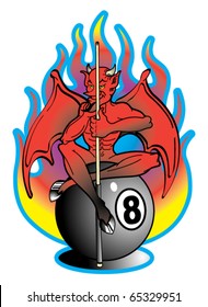 Tattoo design of a devil with wings sitting on an eight ball and holding a pool cue or stick with flames in the background.