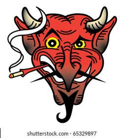 Tattoo design of an evil devil smoking a cigar.