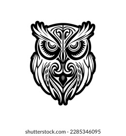 ﻿Owl tattoo design featuring black and white, and intricate Polynesian patterns.