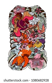 Tattoo design ,Fenix Fire bird or Chinese peacock flying on cloud with koi carp fish swiming on wave among cherry blossom plant, perrsimon fruit,peony flower,plum and peach on cloud background.