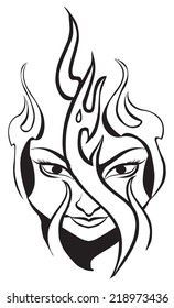 Tattoo Design der Flamme auf dem Gesicht der Frau, vintage gravierte Illustration.