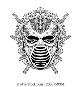 tattoo design flaming skull wearing a mask line art black and white