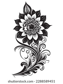 Diseño de tatuajes, diseño floral simple sobre fondo blanco, diseño limpio de bolígrafo negro