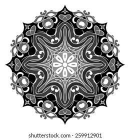 Tattoo design in grey and black colors. Circular shape.
