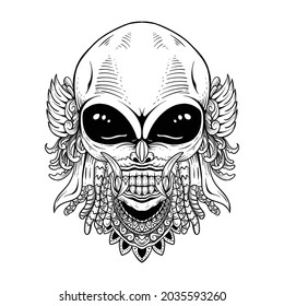 Tätowierungsdesign handgezeichnet Alien mit Barkonline-Kunst schwarz-weiß Gravierstempel