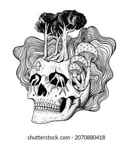 tattoo design hand drawn skull with mushroom line art black and white