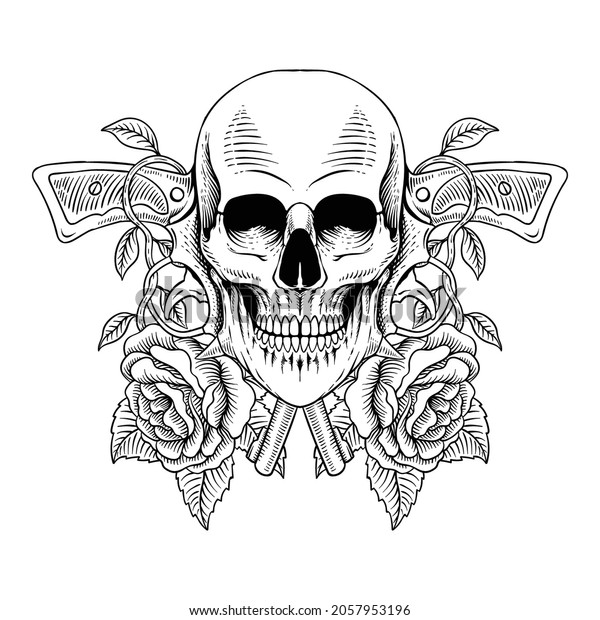 Tattoo Design Hand Drawn Skull Gun Stock Vector (Royalty Free) 2057953196