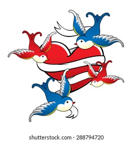 tattoo design heart swallow vector illustration