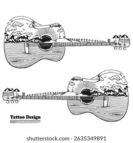 tatuagem design ilustração combinação de guitarra e praia