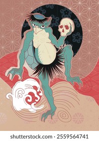 tattoo design of japanese yokai Kappa, japanese turtle, fantasy, japanese folklore, hand drawn art	