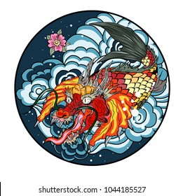 tattoo design koi dragon with cherry blossom and wave in circle.koi fish in water circle with Sakura flower. Japanese Dragon carp line drawing coloring book vector image.
