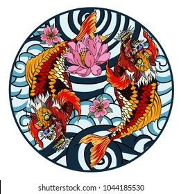 tattoo design koi dragon with cherry blossom and wave in circle.koi fish in water circle with Sakura flower. Japanese Dragon carp line drawing coloring book vector image.