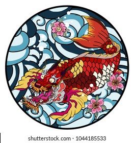 tattoo design koi dragon with cherry blossom and wave in circle.koi fish in water circle with Sakura flower. Japanese Dragon carp line drawing coloring book vector image.