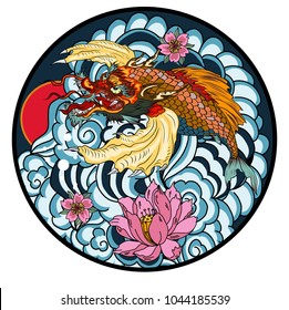 tattoo design koi dragon with cherry blossom and wave in circle.koi fish in water circle with Sakura flower. Japanese Dragon carp line drawing coloring book vector image.