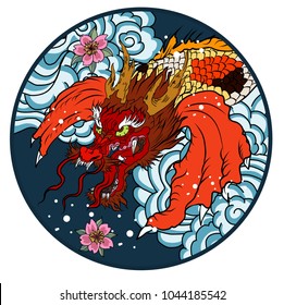 diseño de tatuajes koi dragón con flor de cerezo y olear en círculo.koi peces en círculo de agua con flor Sakura. Imagen vectorial del libro de dibujo de la línea Dragon japonesa.