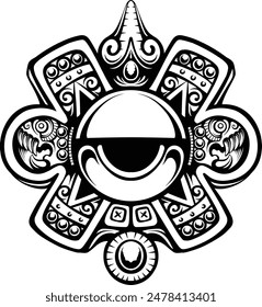 tattoo design Nahui Ollin, fifth sun symbol in Aztec cosmology, with an eye in the center, a solar ray and a precious stone emanating from the eye