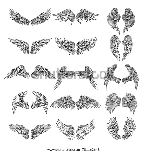 タトゥーは 様々な羽のデザイン画像をデザインします ロゴデザインのベクターイラスト 天使の翼のセット落書きセット のベクター画像素材 ロイヤリティフリー 781162648