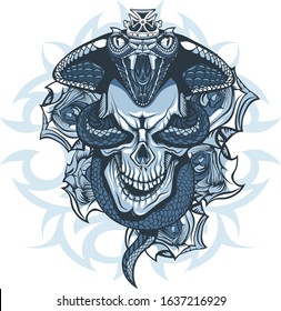 Tattoo design of Queen Cobra over skull on background of roses.
