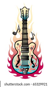 Tattoo design of a rock and roll guitar with flames and musical notes.