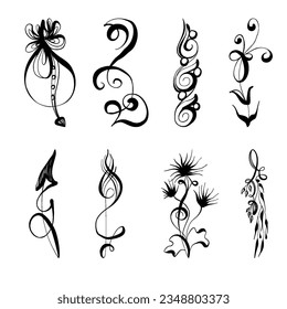 Tattoo Design Set: Abstract Motion Florals with Expressive Calligraphy, Elegant Figures, Minimalistic Brushstrokes, Spiraling Groups, Elongated Forms and Iconic Motifs.