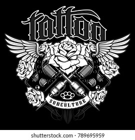 Tattoo design. Shirt graphic with old school tattoo machines, roses and wings. All elements; machines, roses, wings, text and colors are on the separate layers. (MONOCHROME VERSION).