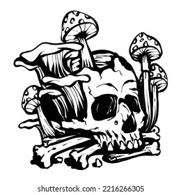 tattoo design skull mushroom black   white illustration