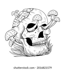 tattoo design skull mushroom wngraving style black and white 