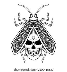 tattoo design skull red beetle line art engraving style