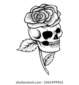 Calavera de diseño de tatuaje con rosa en blanco y negro