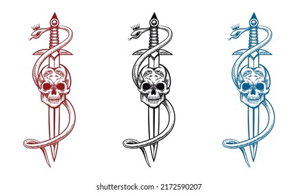 Tattoo design with skull sword and snake. Skeleton head and sword vector illustration in white background