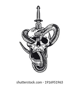 Tattoo design with snake and dagger skull. Monochrome element with skeleton head and sword vector illustration. Wild animal gothic concept for symbols and labels templates