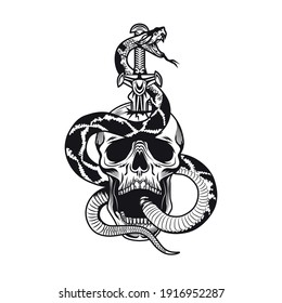 Tattoo design with snake and skull. Monochrome element with skeleton head and sword vector illustration. Wild animal gothic concept for symbols and labels templates