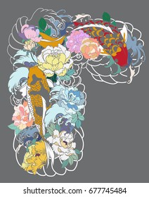 Tattoo design for Upper Arm to chest. Colorful Koi carp with Water splash,lotus and peony flower.Japanese tattoo and illustration for coloring book.hand drawn koi fish with flower and wave tattoo
