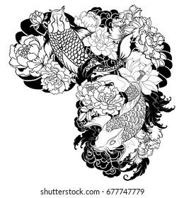 Tattoo design for Upper Arm to chest.Doodle black Koi carp with Water splash,lotus and peony flower.Japanese tattoo and illustration for coloring book.hand drawn koi fish with flower and wave tattoo