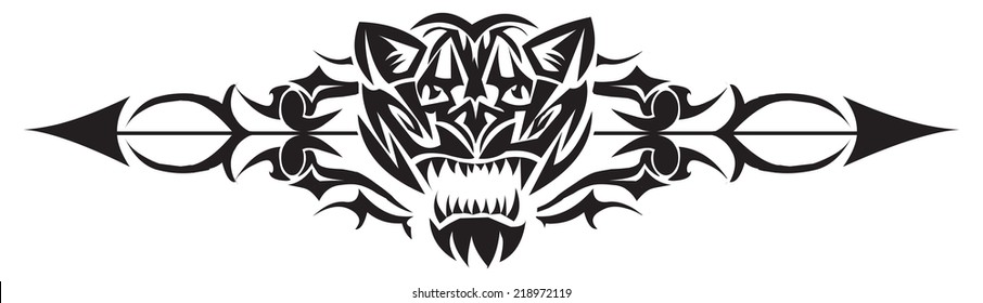 Tattoo design of wild cat head and arrow mark, vintage engraved illustration. 