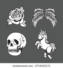 Diseños de tatuajes con una rosa, alas, cráneo y unicornio. Arte de tatuaje en blanco y negro con motivos de rosas, alas, cráneo y unicornio. Conjunto de Vector de diseño de tatuaje en blanco y negro flash de la vieja escuela.
