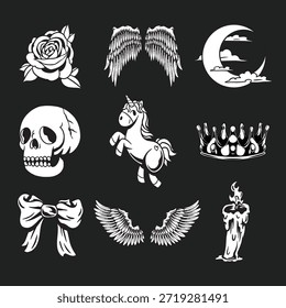 Tattoo-Designs mit Schädel, Flügeln, Rose, Pferd, Krone, Mond, Schleife und Kerze. Schädel, Flügel und Rose schaffen einen klassischen Tattoo-Stil. Outline alt schule flash schwarz-weiß tattoo design vektor se