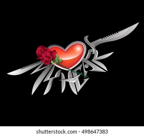 Tattoo designs. Text and heart-shaped knife