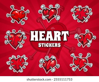 Tattoo of divorce hearts pierced by nails, stickers pack. Cartoon vector patches featuring red hearts pierced by nails, symbolizing love, heartbreak and emotions for Valentines day and romantic decor