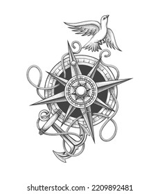 Tattoo of Dove Flying Above Compass and Anchor with Ropes. Freedom concept in Engraving style. Vector illustration isolated on white.