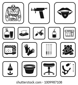 Tattoo, drawing on the body black icons in set collection for design. Tattoo salon and equipment vector symbol stock web illustration.